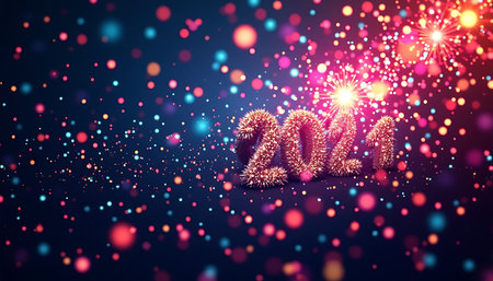 Festive golden numbers stand out against a backdrop of colorful sparkles and bokeh, creating a celebratory mood Perfect for greeting cards and digital designs.の素材