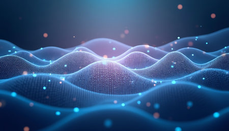 Wavy dotted landscape forms a mesmerizing pattern with blue gradient and glowing sparkles, creating a futuristic and dreamy atmosphere suitable for technology and science related projects.の素材
