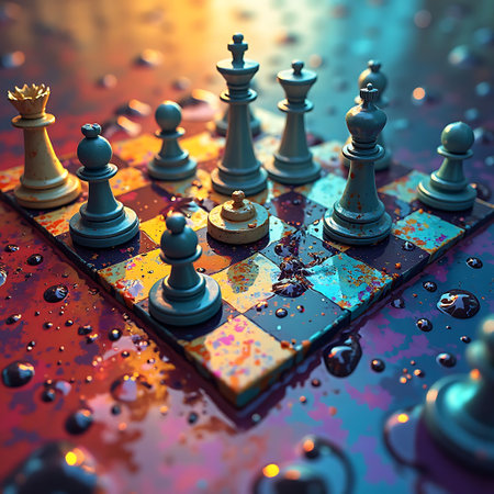 Elevated view of chess pieces arranged on a vibrant board with an abstract color backdrop, creating a visually intriguing and thoughtful composition Perfect for strategy and game concepts.の素材