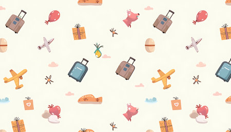 Cartoon travel elements form a seamless pattern on a cream backdrop, including suitcases, airplanes, and gifts, creating a whimsical and playful atmosphere suitable for children's products and travel-themed marketing.の素材
