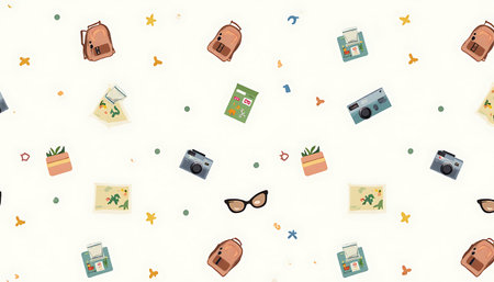 Animated travel icons including backpacks, maps, and cameras scattered on a neutral background create a fun, whimsical pattern perfect for children's products or travel-themed designs.の素材
