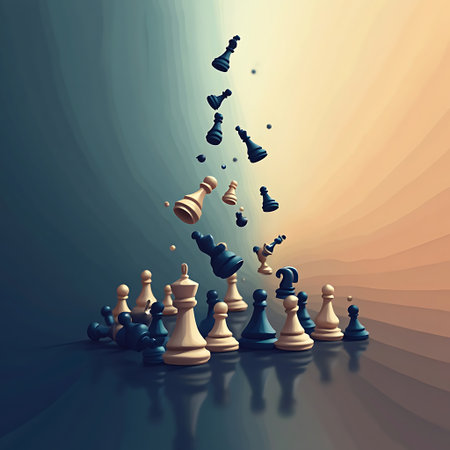 Abstract chess pieces fall towards other pieces on a reflective surface conveying strategy and planning, suitable for depicting complex ideas and problem solving.の素材