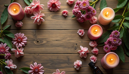 Burning candles and pink flowers are arranged on rustic wooden planks creating a tranquil atmosphere perfect for spa and wellness promotions.の素材