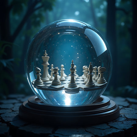 Chess pieces are arranged on a board inside a glass globe against a blurred forest backdrop, creating a magical and strategic feel Perfect for conceptual game visuals.の素材