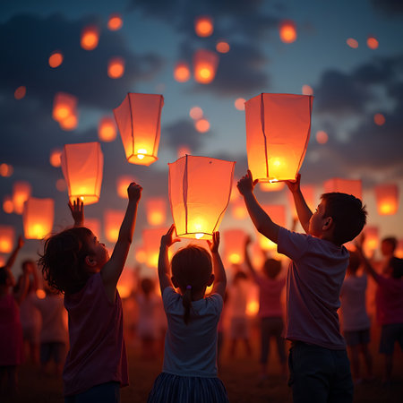 A group of children is releasing glowing lanterns into the night sky creating a festive and joyful atmosphere which could be used for events and celebrations.の素材