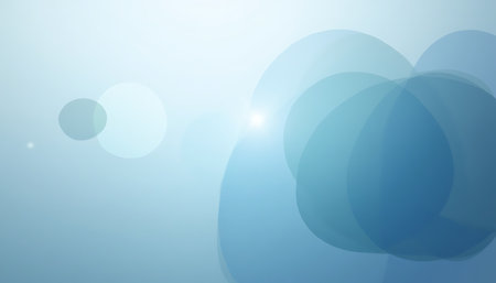 Abstract bubbles drift on a gradient light blue backdrop, creating a sense of calm and serenity with a bright light flare ideal for modern tech or spa backgrounds.の素材