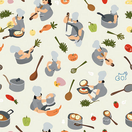 Cooking illustration shows chefs preparing food with vegetables and kitchen utensils ideal for culinary themes and creative backgrounds.の素材