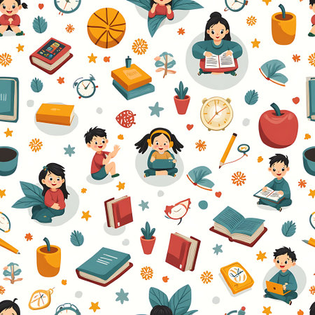 Seamless pattern features children reading books, clocks, and plants in a playful style Ideal for educational or children themed projects.の素材