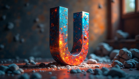 Letter U sculpture with a vibrant blue to orange gradient rests on a textured surface with scattered rocks, creating a dramatic and visually striking composition perfect for artistic or design-related projects.の素材