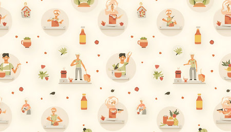 Seamless pattern featuring diverse people cooking and preparing food, on a light background, perfect for culinary projects and kitchen decoration.の素材