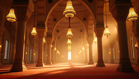 Grand hall featuring ornate columns, arches, and lights, creating a warm and inviting atmosphere, suitable for background use.の素材