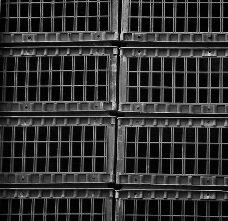 Stacked gray plastic crates show a geometric grid pattern in monochrome, creating a structural, industrial feel suitable for backgrounds.の写真素材