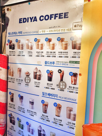Busan, South Korea on 8 Nov 2024. Detailed coffee menu board showcasing various espresso, cold brew, and milk beverage options, with prices displayed in an urban setting, ideal for food service or coffee shop marketing materials.のeditorial素材