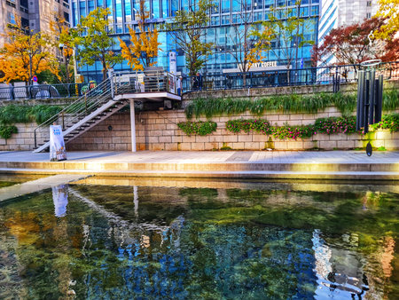 Seoul, South Korea on 11 Nov 2024. Clear river reflects autumn foliage and a cityscape with modern architecture, creating a peaceful urban atmosphere perfect for travel and nature-themed marketing.のeditorial素材