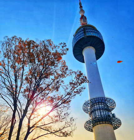 Seoul, South Korea on 11 Nov 2024. A tall white tower stands next to a colorful autumn tree against a clear blue sky, creating a scenic view ideal for travel and architectural themes.のeditorial素材