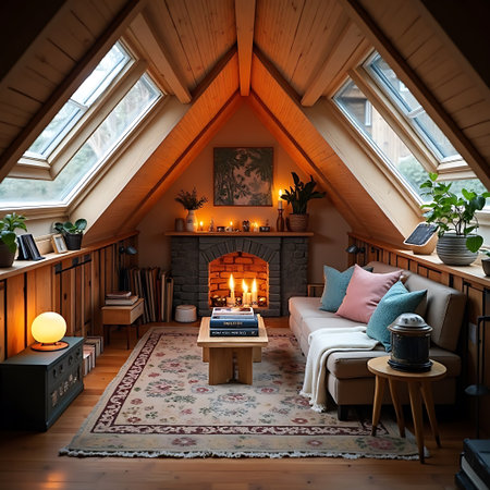 Warm attic space features a fireplace, comfortable sofa, and natural light streaming through skylights creating a cozy and inviting atmosphere Ideal for relaxation.の素材