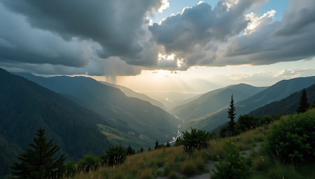 Dramatic sunlight filters through the clouds over a mountain valley landscape as a storm approaches, perfect for travel and nature themes.の素材