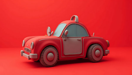 Cartoon-like red car sits on a matching red surface, creating a playful and stylish automotive design for children's illustrations or retro themed projects.の素材