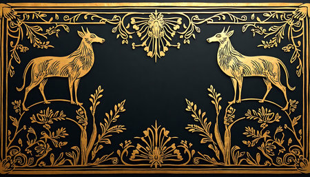 Intricate golden art nouveau style frame features animal figures and floral designs on a dark background Great for vintage and artistic backgrounds.の素材
