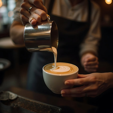 Hands pour steamed milk into a cup of coffee, creating a latte art design Perfect for coffee shop or beverage related concepts.の素材