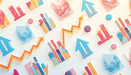 Colorful business chart elements and upward arrows suggest growth and progress on a white surface Great for showcasing financial concepts or presenting statistical information.の素材