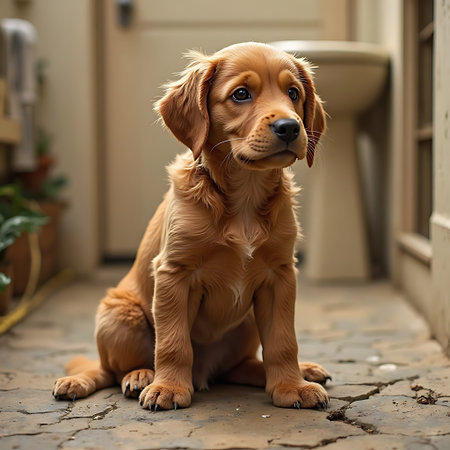 A fluffy brown puppy is sitting calmly on a cracked stone surface with a neutral backdrop, creating a peaceful and adorable atmosphere great for pet-related promotions.の素材