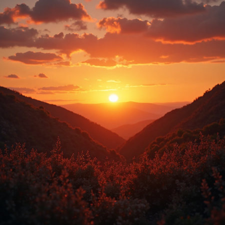 Vibrant sunset illuminates rolling mountain landscape with fiery orange sky and overcast clouds creating a peaceful atmosphere great for travel or nature themes.の素材