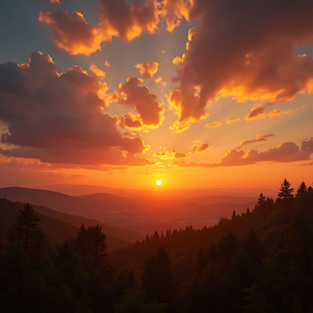 Dramatic golden sunset illuminates the layered mountain landscape with soft orange hues and billowing clouds, creating a peaceful, idyllic atmosphere for travel or nature-themed content.の素材