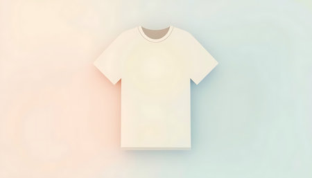 Clean white t-shirt rests on a soft pastel blue and peach gradient background, creating a minimalist and calming atmosphere ideal for apparel design mockups.の素材