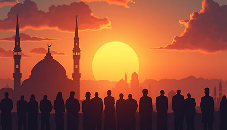 Silhouetted people are observing a distant skyline with a mosque during an orange sunset with fluffy clouds and soft light great for travel or cultural themes.の素材