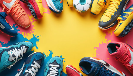 Assorted vibrant running shoes are arranged around a bright yellow and pink background with paint splatters, creating a dynamic and energetic composition perfect for sports or athletic marketing.の素材