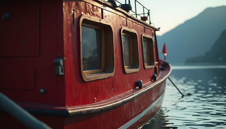 A vintage-style red boat gently floats on a calm lake surrounded by distant mountains, creating a tranquil and scenic view, ideal for travel and nature themes.の素材