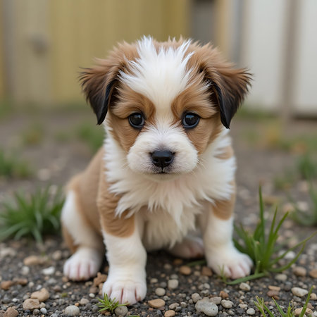 Cute puppy with brown and white fur is sitting on a gravel ground with some small green plants, creating a peaceful and heartwarming scene ideal for pet-related marketing.の素材