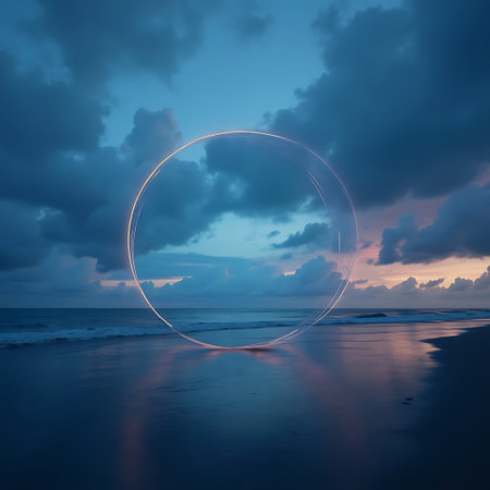 Glowing circle stands on wet sand at dusk, reflecting light on the ocean and sky, creating a serene and ethereal atmosphere ideal for travel, wellness, or spiritual concepts.の素材