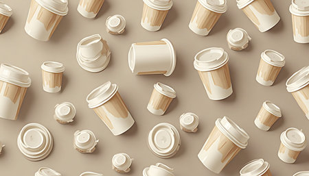 Multiple disposable coffee cups with lids are arranged in a patterned still life on a beige background, creating a minimalist and clean design suitable for commercial use in cafe and design contexts.の素材