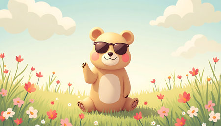Smiling cartoon bear wearing sunglasses is sitting in a grassy meadow with colorful flowers under a bright, cloudy sky, creating a cheerful, illustrative scene ideal for children's products.の素材