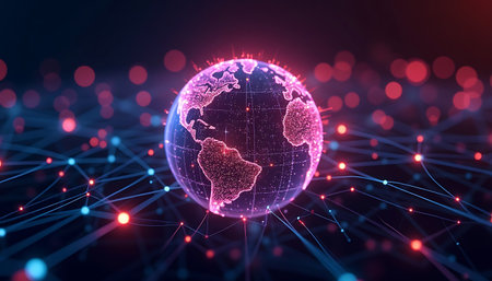 A luminous digital globe is displayed on a network of connections with glowing dots creating a futuristic technology feel Ideal for global communication concepts.の素材