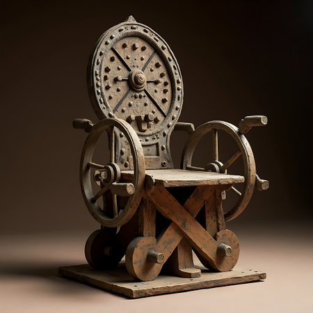 A weathered wooden throne commands attention, its unique gear-shaped backrest and intricate wheel base creating a captivating steampunk aesthetic.  The rustic charm and detailed craftsmanship evoke a sense of mystery and power.の素材