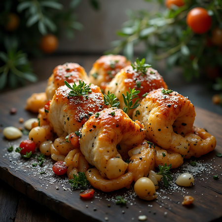Roasted fish bites topped with herbs and seasoning rest upon creamy pasta with herbs and tomatoes on a rustic dark wood board, perfect for food and dining concepts.の素材