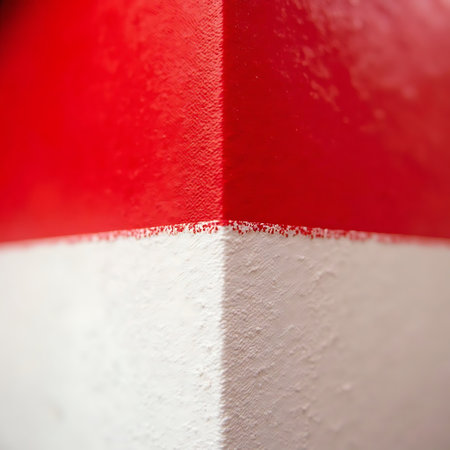 Painted corner with contrasting red and white textures create a geometric abstract macro shot with shallow depth, suitable for artistic or industrial backgrounds.の素材