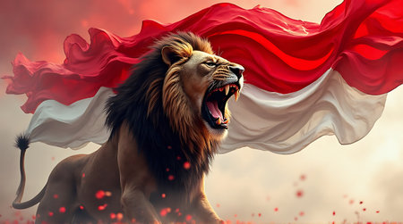 Fierce lion roars against flowing red and white fabric adding strength to the composition Perfect for wildlife or abstract backgrounds.の素材