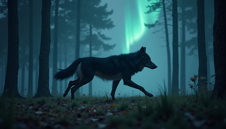 A dark wolf trots through a forest under the green glow of the aurora borealis creating a magical and serene scene perfect for fantasy or nature themes.の素材