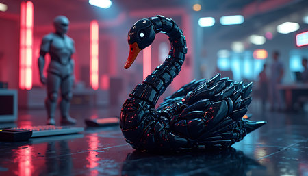A sleek robotic swan with metallic design sits on a dark, shiny surface, with office elements in the background Ideal for futuristic tech concept visuals.の素材