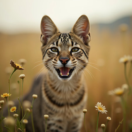 Close-up of a smiling tabby cat with an open mouth standing in a field of wildflowers, creating a happy and natural scene Ideal for pet-themed content.の素材