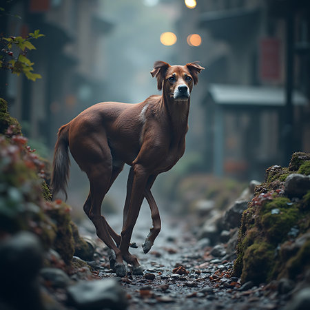 Brown deer is walking gracefully on a rocky path surrounded by mossy stones in a misty forest creating a serene and ethereal atmosphere, ideal for nature and fantasy-themed projects.の素材