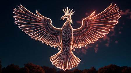 Glowing bird-like figure spreads its outlined wings against a deep nighttime sky, creating a striking visual effect that is perfect for fantasy concepts.の素材