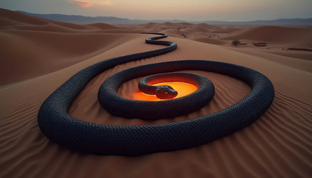 A large dark snake coils around a bright glowing center in a surreal desert landscape creating a striking image perfect for fantasy or mythical designs.の素材