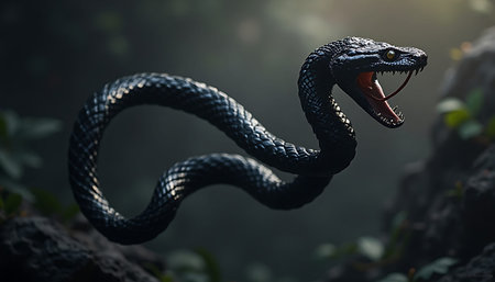 A dark snake with its mouth open is seen in a moody outdoor environment, conveying danger and wildness, perfect for educational or nature-themed content.の素材