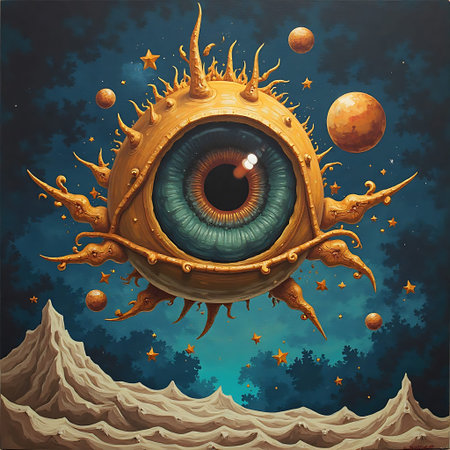 A fantastical eye sphere hovers over a rocky landscape, surrounded by planets and stars against a dark sky, creating a surreal and cosmic atmosphere for imaginative design projects.の素材