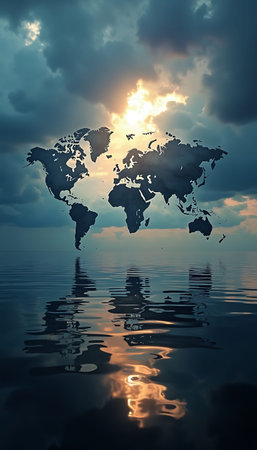 World map floats over rippling water reflecting sunlight in a dramatic moody scene with a cloudy sky above ideal for travel environmental and political marketing.の素材